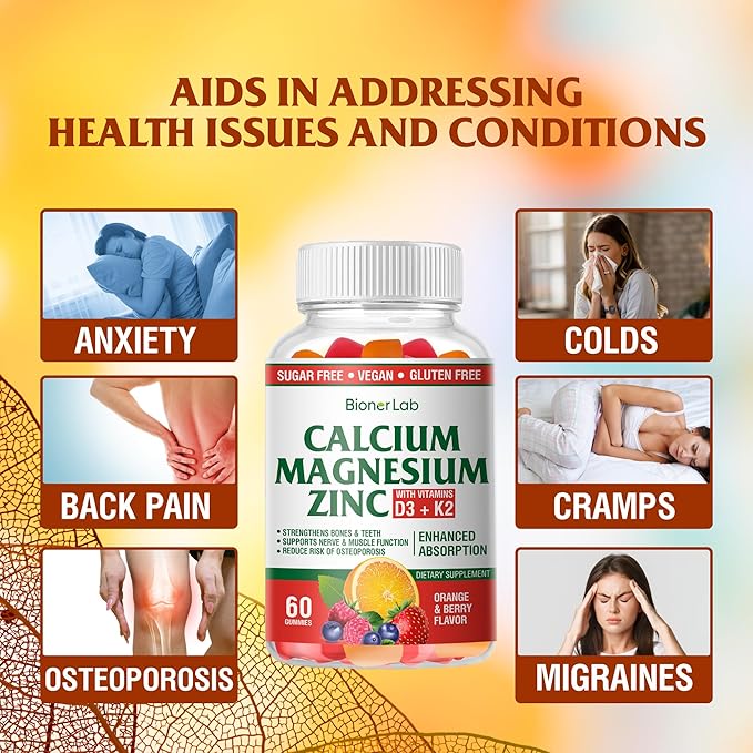Calcium Magnesium Zinc Gummies with Vitamin D3 & K2 - High Potency Enhanced Absorption - Orange and Berry Flavored