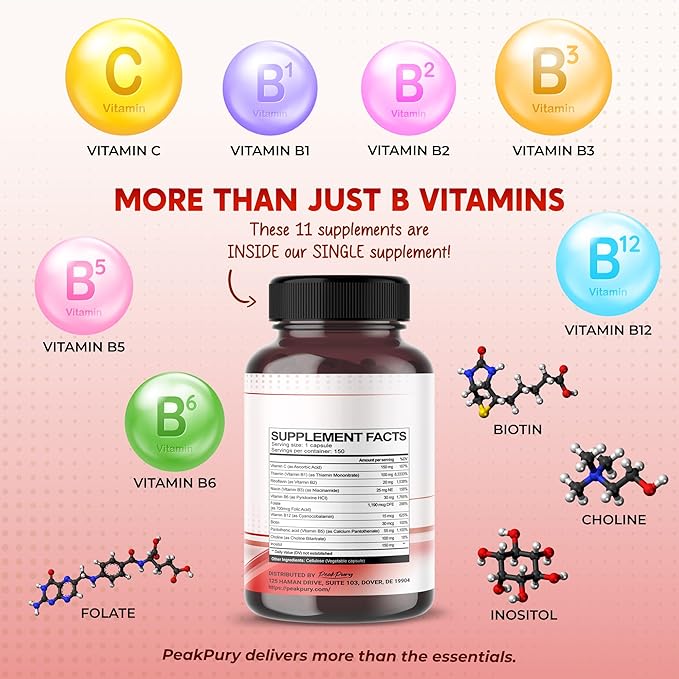 Ultra Vitamin B Complex with Vitamin C – Supports Brain Health & Promotes Healthy Hair, Skin, and Nails – High Potency B1, B2, B3, Folate, B12, Biotin, B5 & Choline - Made in The USA