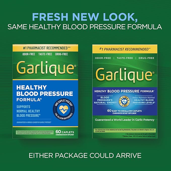 Garlique Garlic Extract Supplement, Healthy Blood Pressure Formula, Odorless & Vegan, 60 Caplets