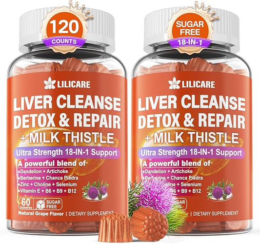 Milk Thistle Liver Detox Gummies, 18-IN-1 Liver Cleanse Detox & Repair Supplement with Berberine, Chicory Root, Turmeric, Artichoke, Dandelion Root, Chanca Piedra,Vitamins B6 B9 B12-Pack of 2