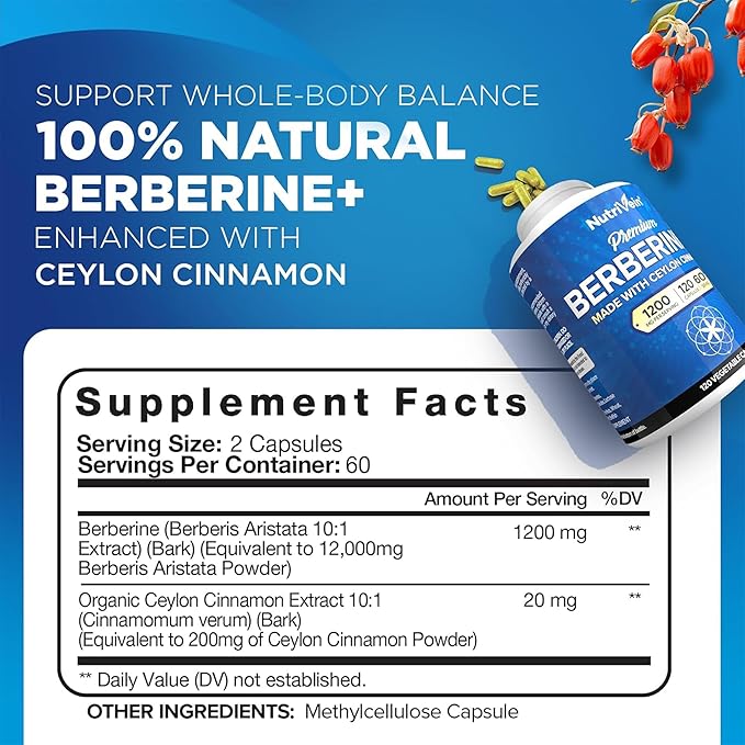 Nutrivein Premium Berberine HCL 1200 mg with Ceylon Cinnamon - 120 Capsules: High-Absorption Berberine Supplement for Defenses, Digestion, & Metabolism