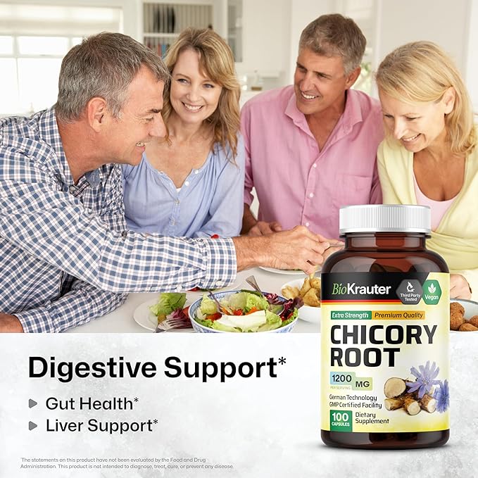 BIO KRAUTER Chicory Fiber Supplement - 1200 mg Strength - 100 Count - Chicory Root Powder - Inulin Capsules for Digestive Support - Vegan