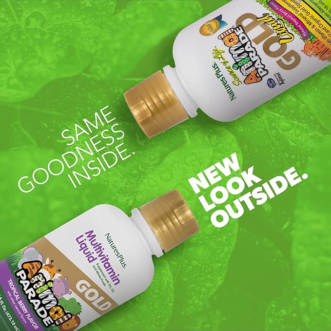 NaturesPlus Animal Parade Gold Children's Liquid Multivitamin, 16 fl oz - Natural Tropical Berry Flavor - Immune Support Supplement - Gluten Free, Vegan - 32 Servings