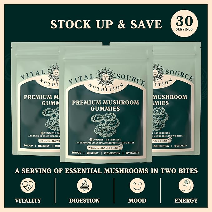 Vital Source Nutrition - Premium Mushroom Gummies - Vitality, Digestion & Energy Support - 10 Types of Premium Mushrooms - Vegan, Gluten-Free & Halal - Wild Strawberry - 60 Gummies - 30 Servings
