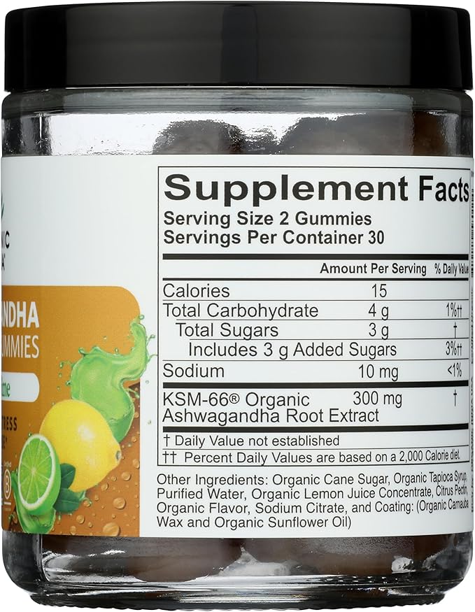 ORGANIC INDIA Ashwagandha Gummies for Men & Women - Stress Supplement, KSM-66 Ashwagandha Root, Extra Strength, Calm Chews, Vegan, Non-GMO - Lemon Lime, 60 Gummies