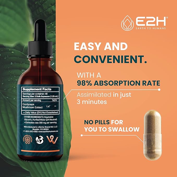 E2H Cordyceps Mushroom Extract - All-Natural Immune System, Energy & Stamina Support from Advanced Mushroom Supplement - Cordyceps Mushrooms Supplement - Non-GMO, Vegan (3 Bottles)