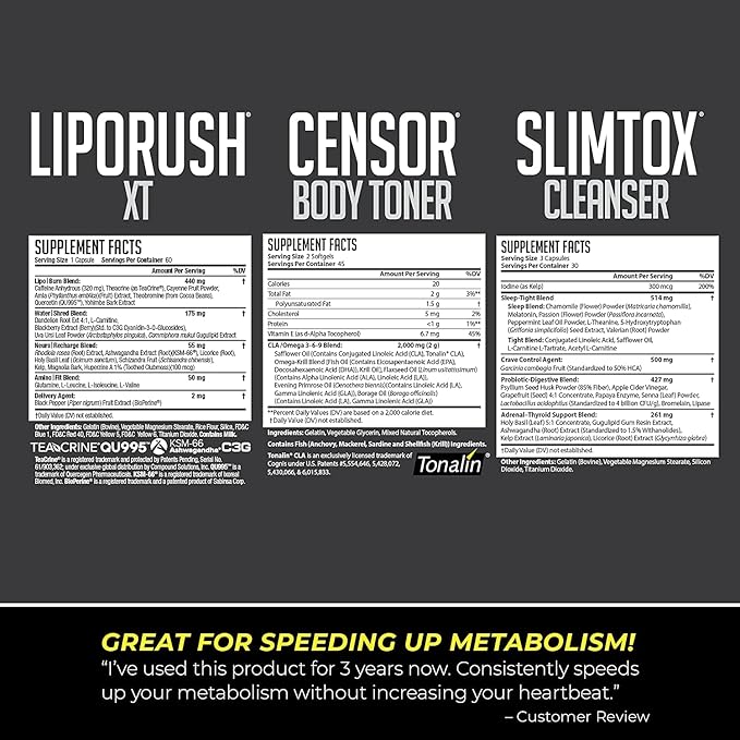 NDS Nutrition Maximum Strength Weight Loss - Decrease Appetite and Energy Booster - Glutamine, L-Carnitine, and CLA (LipoRush XT 60 Capsules, Censor 90 Softgels, and Slim-Tox 90 Capsules)