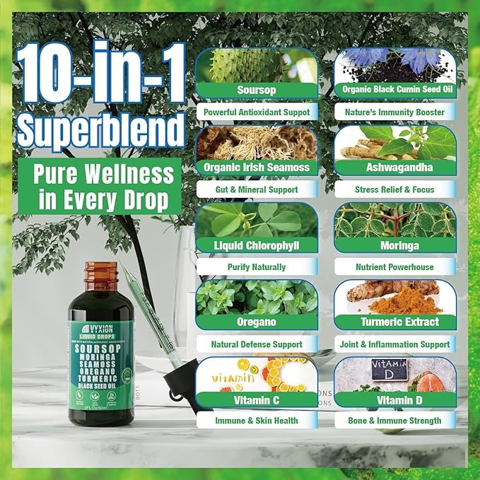 Soursop Bitters Liquid Drops 10 in 1 with Sea Moss, Moringa, Turmeric, Black Seed Oil, Oregano, Ashwagandha | Herbal Extracts for Overall Health-Enhancing | Vegan, Non-GMO | 2 Fl Oz