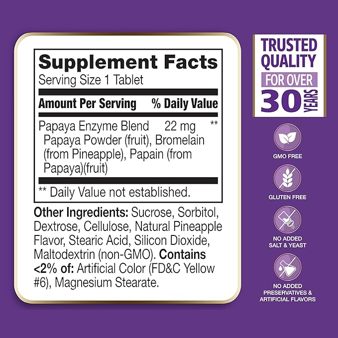 21st Century Papaya Enzyme Chewable (100 Count), Papaya & Pineapple Digestive Enzymes for Gut Health, Tropical Flavor, Non-GMO, Gluten-Free, No Added Salt, Yeast, Artificial Flavors