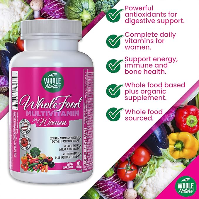 Whole Food Multivitamin for Women - with B12 Methyl Folate, Womens Multi Vitamin Minerals, Probiotics and Omegas. Vegan Vitamins for Women. Non GMO Daily Supplement Plus- 90 Capsules