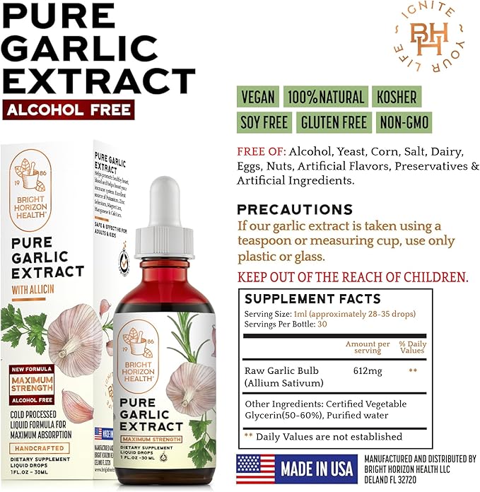 Bright Horizon Health Pure Garlic Extract – Allicin Supplement – Immune Support. Alcohol-Free Formula, Vegan, Raw, Superfood – Liquid Garlic Oil Drops - 1 fl.oz
