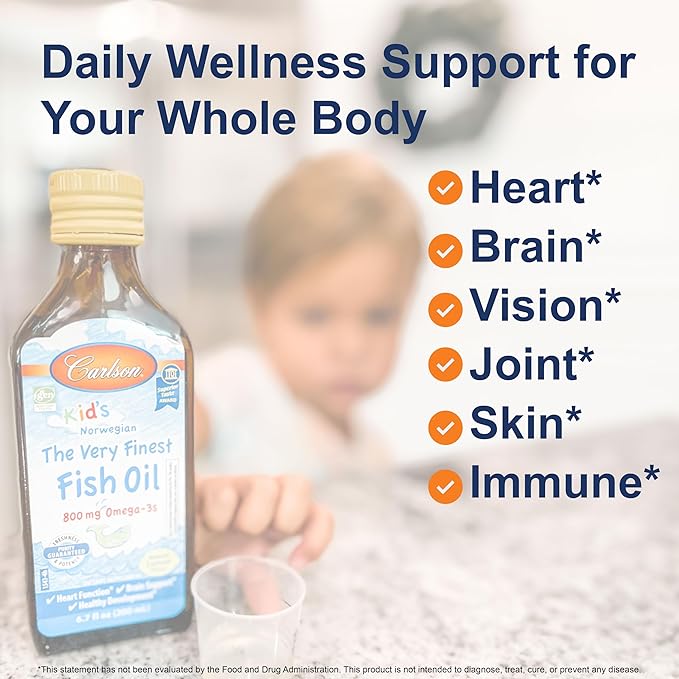 Carlson - Kid's The Very Finest Fish Oil Liquid, 800 mg Omega-3s, Norwegian, Wild-Caught Fish Oil, Omega 3 Liquid for Kids, Sustainably Sourced, Lemon, 200 ml