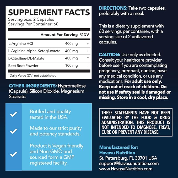L-Arginine Capsules with L-Citrulline - Nitric Oxide Supplement - L Arginine and L Citrulline Blend - 120 Count - Vegan, Non-GMO Capsules for Performance, Endurance and Muscle Support - 2 Month Supply