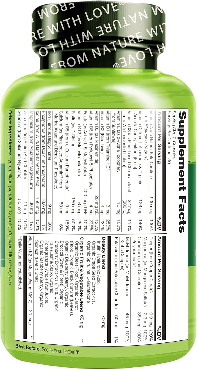 NATURELO Whole Food Multivitamin with Extra Hair, Skin & Nails Support - Beauty Blend with Hyaluronic Acid & Grape Seed - High Potency Biotin, Vitamin C, & Glutathione, 60 Vegan Capsules (Pack of 2)