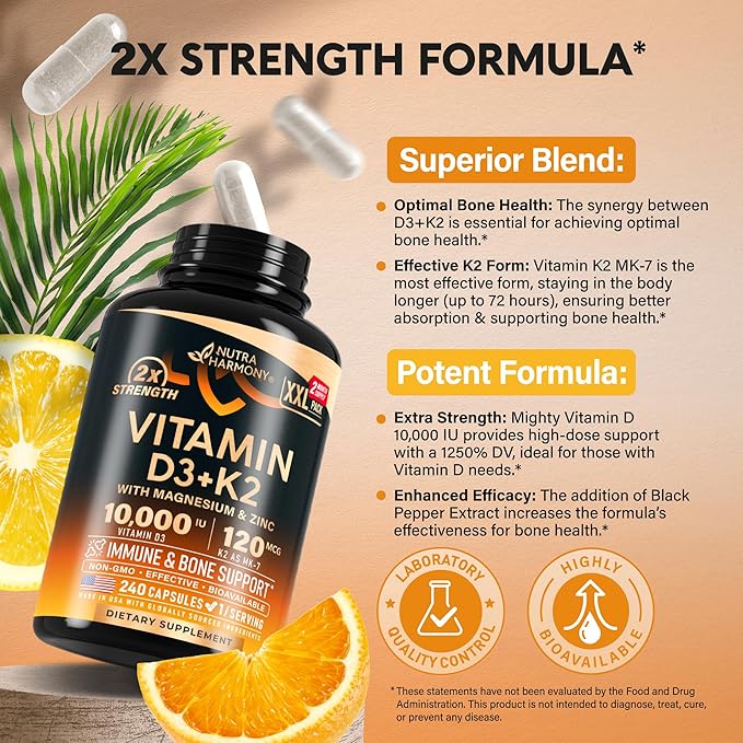 Vitamin D3 K2 - Vitamin D3 10000 iu & K2 as MK-7 120 mcg - Immune & Mood Support, for Bone & Teeth Health - with Magnesium, Zinc & Vitamin C & B12 - Highly Bioavailable - Made in USA, 240 Capsules