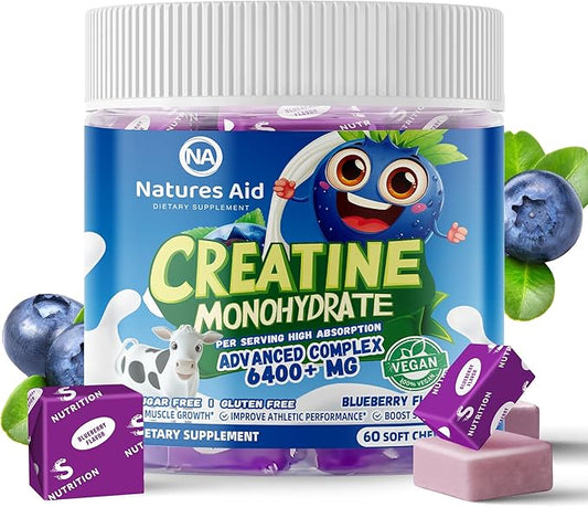 Creatine Monohydrate Chews Complex for Men & Women -Advanced Formula W/L-Taurine + Vitamin B12, Sugar Free Chewable Supplement,60 Blueberry Softchews