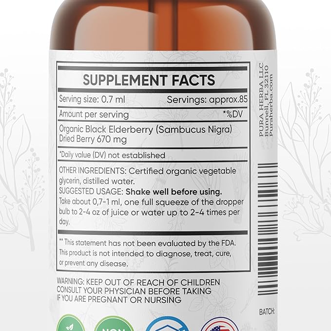 Elderberry Tincture – Organic Elderberry Extract Liquid Drops – Sambucus Herbal Supplement – Immune Support – Elderflower & Elderberry Blend – Alcohol-Free, 2 fl oz
