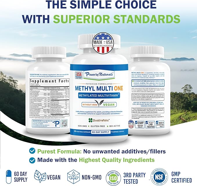 Power By Naturals Methyl Multi One - Iron-Free Methylated Multivitamin with Quatrefolic 5-MTHF, Active B12, P5P, CoQ10 & Zinc for MTHFR Support - Energy & Focus Formula - 60 Capsules (2-Month Supply)