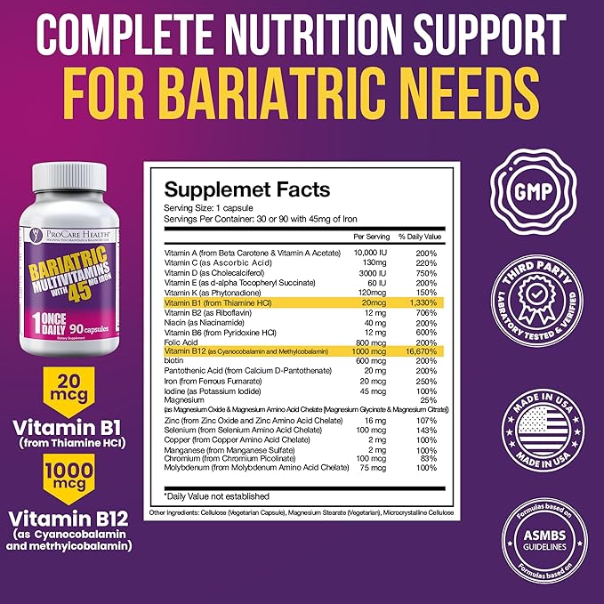 ProCare Health Bariatric Multivitamin with Iron 45mg (90 Easy to Swallow Capsules) - Post Op Bariatric Vitamins for Gastric Bypass Pills for Sleeve Patients, Sustain Recovery & Energy (3 Month Supply)