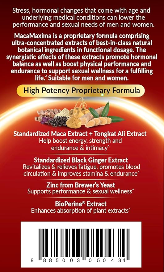 LABO Nutrition MacaMaxima Peruvian Maca Root, Tongkat Ali, Black Ginger, Zinc and Black Pepper Extract Supplement for Men and Women, Supports Reproductive Health, Energy, Stamina- Non-GMO, Vegan Pills