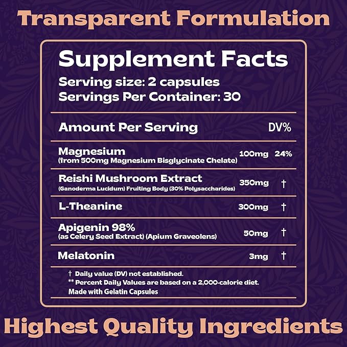 Natural Sleep Aid with Magnesium Glycinate 500mg Reishi Mushroom 350mg L-Theanine 300mg Apigenin 50mg Melatonin 3mg - Magnesium Sleep Supplement for Deep Sleep, Sleep Support - 60 Capsules Made in USA