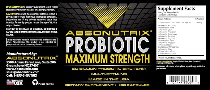 Absonutrix Probiotic Maximum Strength 50 Billion Per Capsule Multi-Strain 100 Capsules