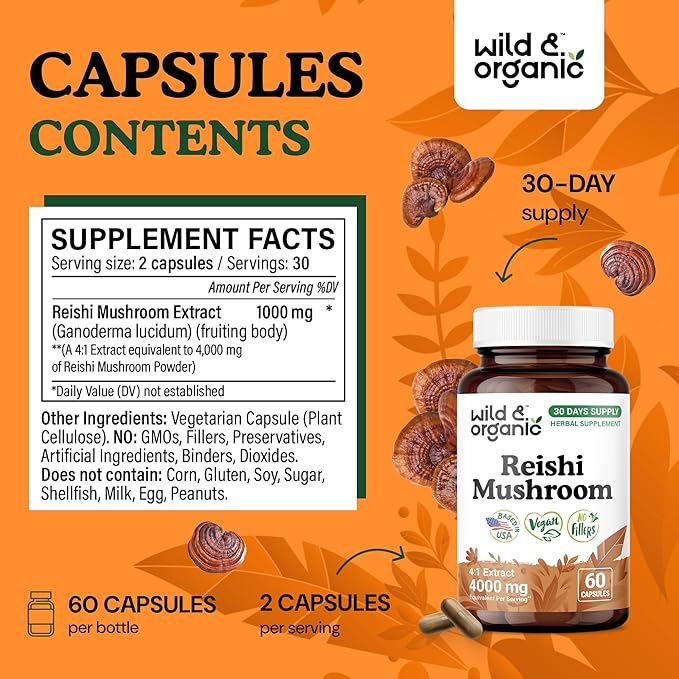Wild & Organic Reishi Mushroom Capsules 1000 mg - Immune & Energy Support - Red Reishi Mushroom Extract - Ganoderma Lucidum Supplement - 60 Vegan Capsules - 30 Days Supply, Non-GMO, Gluten-Free