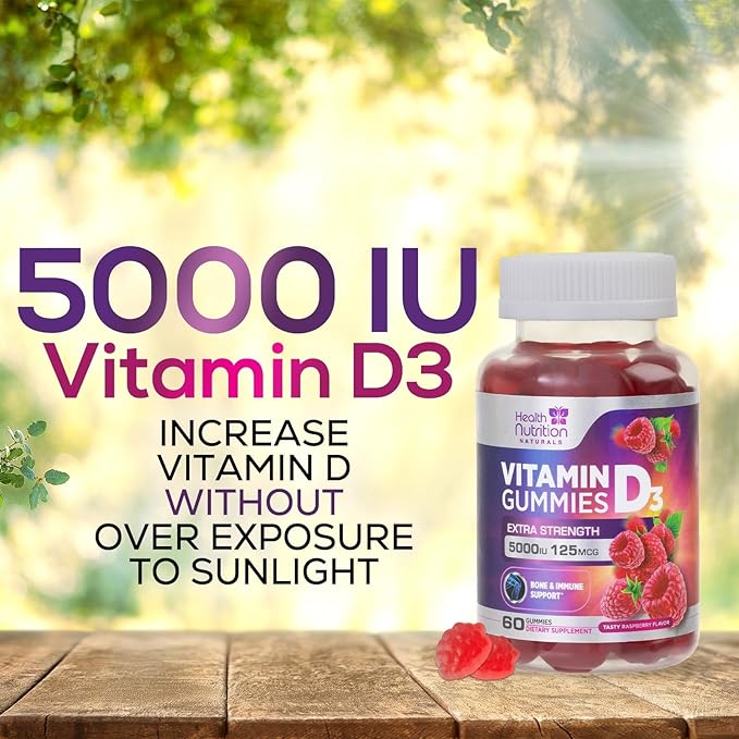 Vitamin D3 Gummies Extra Strength 5000 IU (125 mcg) - Immune Support, Bone, Teeth and Muscle Vitamin D Gummy Dietary Supplement, Nature's Berry Vitamin D Supplement, Raspberry, Non-GMO - 60 Gummies