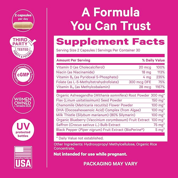 Pink Stork Cortisol Complex - Organic Ashwagandha, Omega 3 DHA, Saffron - Mood Balance, Stress Management, Energy Levels for Women - 60 Count
