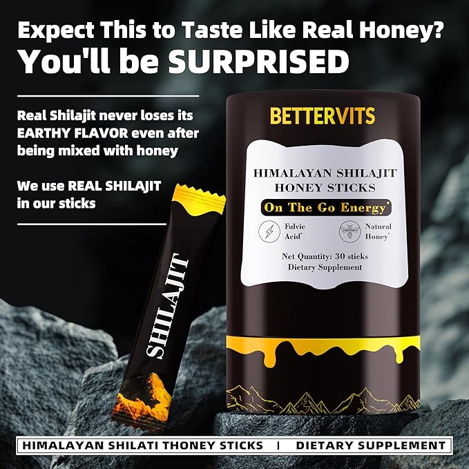 Shilajit Honey Sticks- 30 Sticks Himalayan Shilajit Honey Sticks Organic Honey & Saffron for Energy,Strength & Cognitive Support for Men & Women