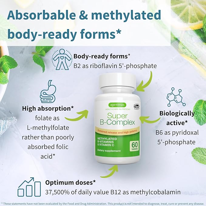 Igennus Super B-Complex Methylated B Vitamins, Sustained Release, Clean Label, MTHFR Supplement with Methylfolate & B12 Methylcobalamin, Vegan, Lab Verified, 60 Small Tablets