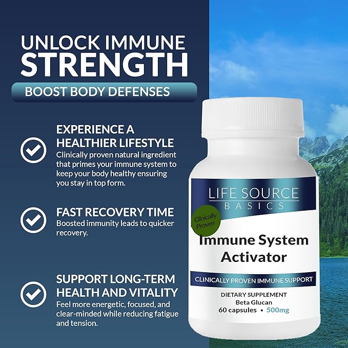 Life Source Basics Immune System Support Activator - High Purity Beta 1,3/1,6 Glucan - Immunity and Vitamin Supplement Non-GMO & Vegan Friendly for Men & Women, Gluten-Free 500 mg - 60 Capsules