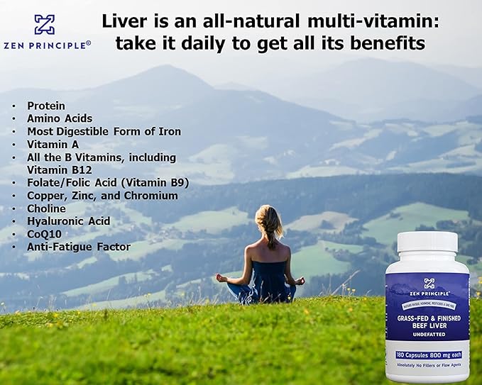 Zen Principle Ultra-Pure Desiccated Beef Liver, Grass-Fed, Pasture-Raised Cows. No Hormones or GMO. Natural Energy and Workout Boost from Iron, Amino Acids, Protein and Vitamins. 180 Capsules 800 Mg.