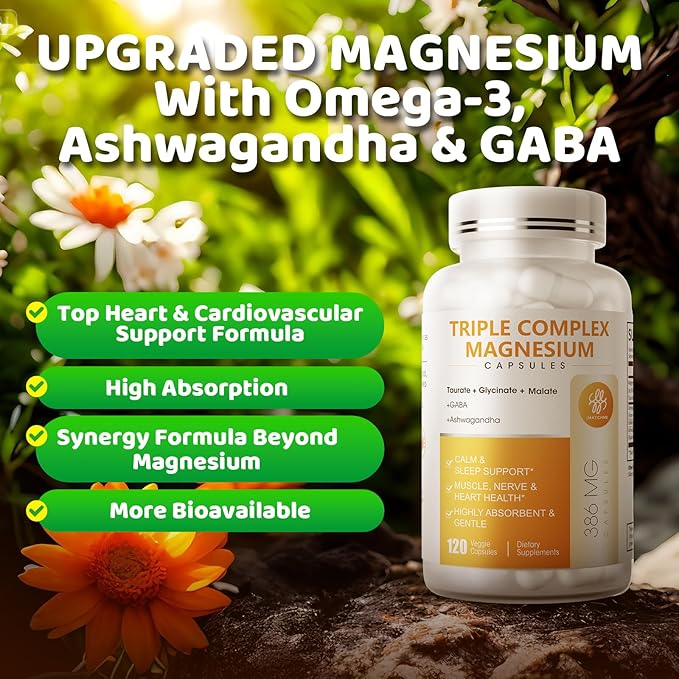 Triple Magnesium Complex - Magnesium Glycinate, Taurate & Malate Supplement with Omega3, Ashwagandha, GABA, for Sleep, Muscle, Brain & Heart Support - High Absorption and Gentle, Vegan, 120 Capsules