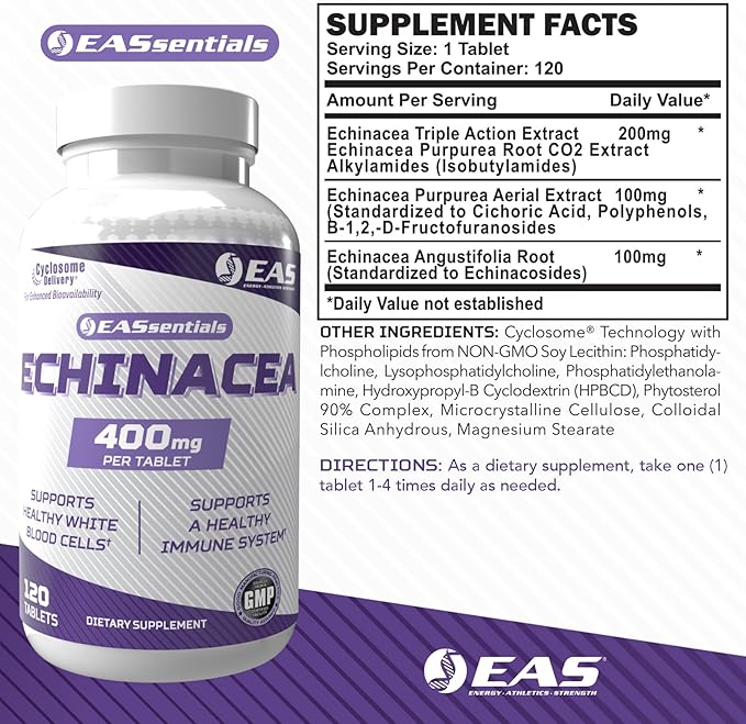 Experimental and Applied Sciences Echinacea 400mg | Tri Blend Formulation | Immune & Respiratory Support | Gluten Free, Non GMO | Better Absorption with Cyclosome Delivery | 120 Tablets