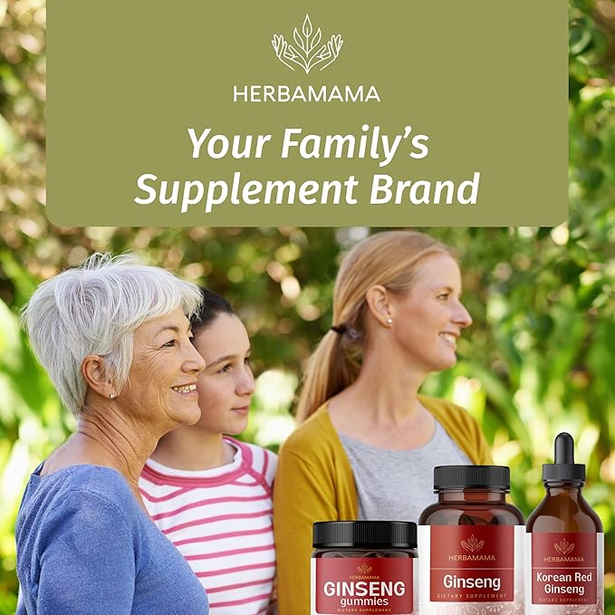 HERBAMAMA Korean Panax Ginseng Capsules - 1600mg Red Ginseng Root for Brain & Energy Support - Vegan, Non-GMO Korean Red Panax Energy Supplement, 100 Caps