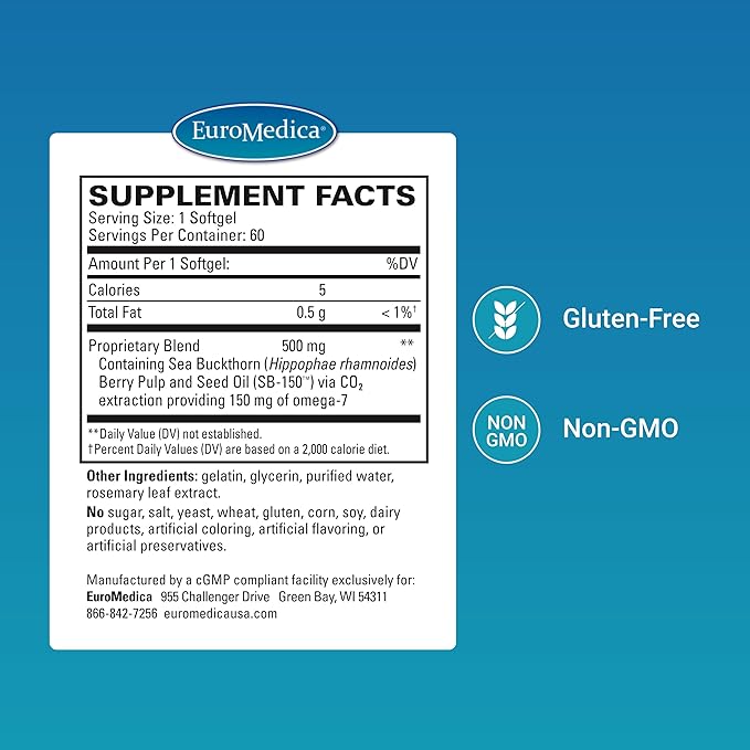 Euromedica ProHydra-7 - Skin Health Support Supplement with Omega-7 Sea Buckthorn Oil - Nutritional Supplement - Essential Fatty Acid Supplement - 60 Softgels