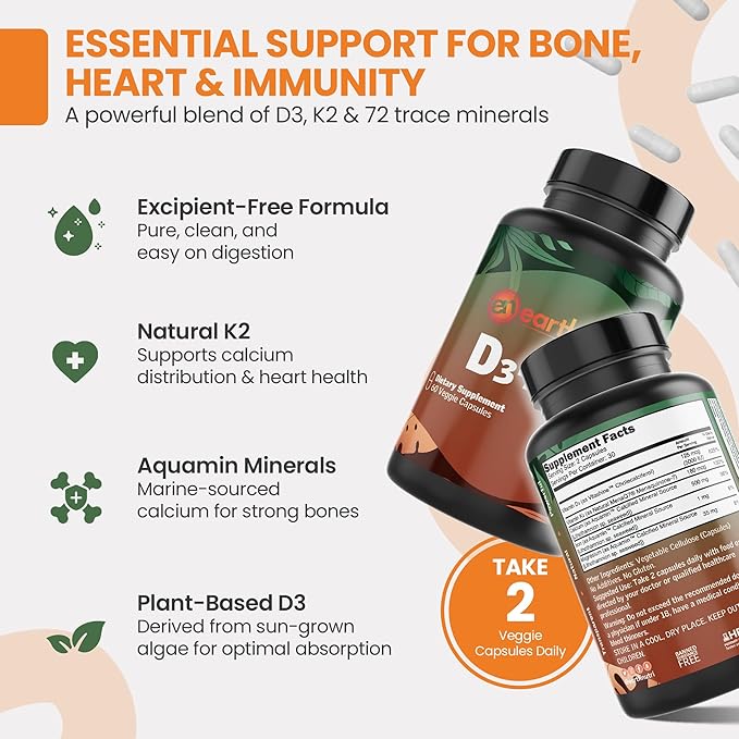 Vitamin D3 K2 Supplement 5000 IU – Includes K2 from MENA Q7, D3 from Vitashine, Calcium from Aquamin & 72 Trace Minerals – for Immune, Bone & Heart Health – Non-GMO – 60 Veg Capsules