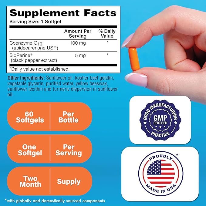 Health Thru Nutrition CoQ-10 100mg with BioPerine 60 Softgels | High Absorption Naturally Fermented USP Grade Coenzyme Q10 Supplement | 3rd Party Tested | Heart Health and Energy Support