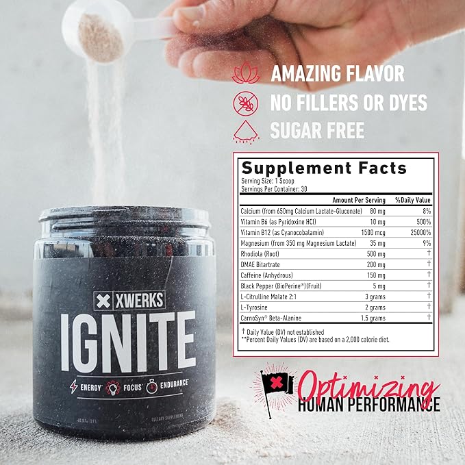 Xwerks Ignite Watermelon Pre Workout Powder, Natural Keto Pre-Workout for Women and Men with Explosive Energy, Gluten Free Preworkout Blend for Endurance Stamina, 150 mg Caffeine 30 Servings