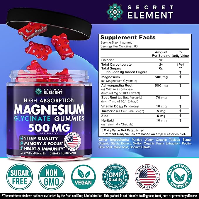Magnesium Glycinate 500MG Gummies, High Absorption Supplement with Ashwagandha, Beet Root, Vitamin B6, Turmeric & Zinc, Sugar-Free, Vegan, Chews for Men & Women, 60 Gummies, Cherry Flavor