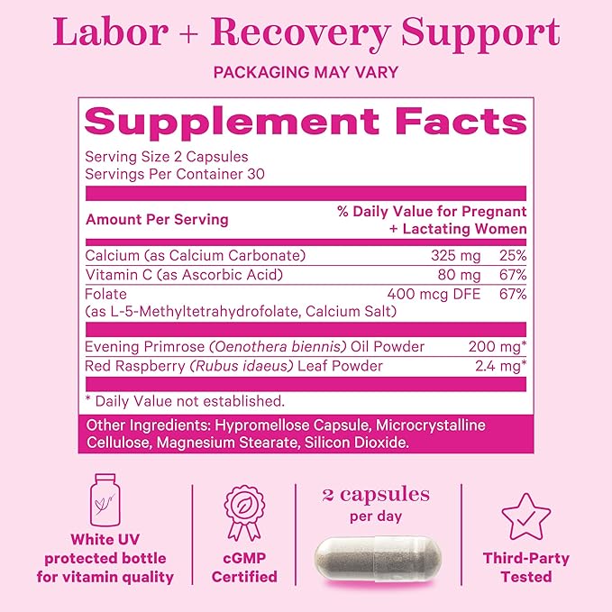 Pink Stork Labor Prep - Evening Primrose Oil Capsules with Red Raspberry Leaf Tea, Gentle Birth & Postpartum Care, Third Trimester Pregnancy Must Haves, 60 Capsules
