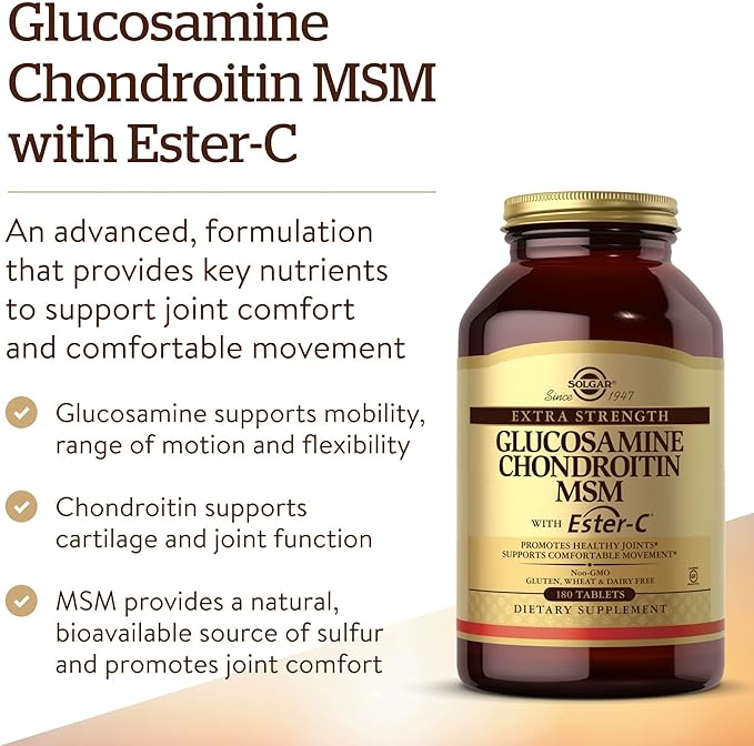 Solgar Extra Strength Glucosamine Chondroitin MSM w/ Ester-C, 180 Tablets - Promotes Healthy Joints, Supports Comfortable Movement & Collagen Formation - Non-GMO, Gluten No, Dairy No - 60 Servings