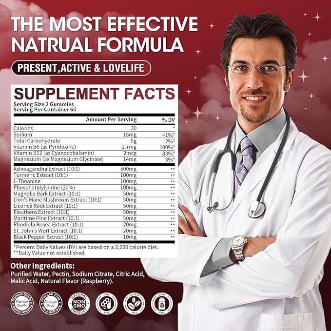 Cortisol Supplements Detox for Women - Cortisol Manager & Reduce with Ashwagandha/Phosphatidylserine/Magnesium for Sleep/Rlaxation/Mood - 120 CT Raspberry Flavor Gummies