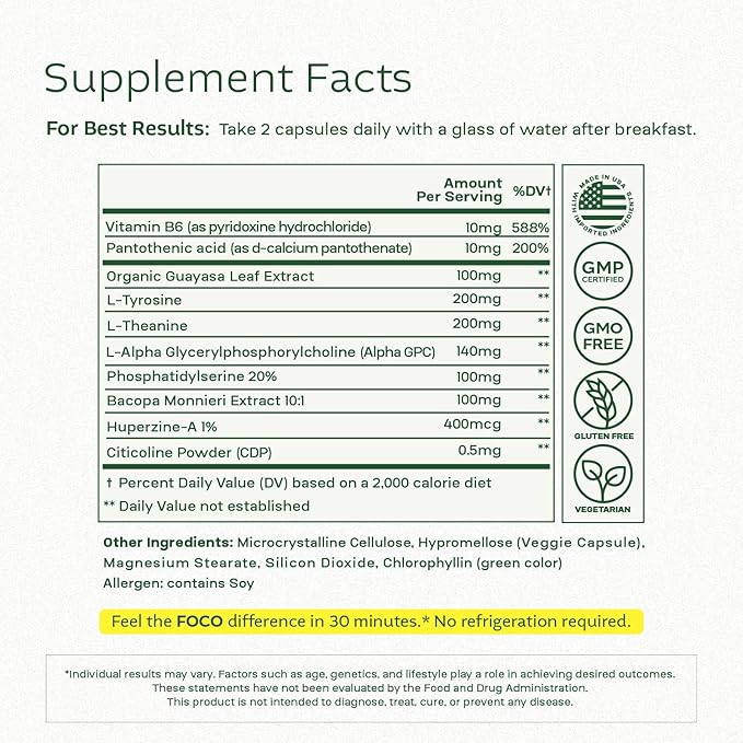 Think FOCO Capsules (13+) Focus Supplement for Teens & Adults - Natural Focus in 30 Minutes - Brain Supplements for Memory and Attention - Vegan Vitamin, Gluten Free Supplements, Non GMO Vitamins