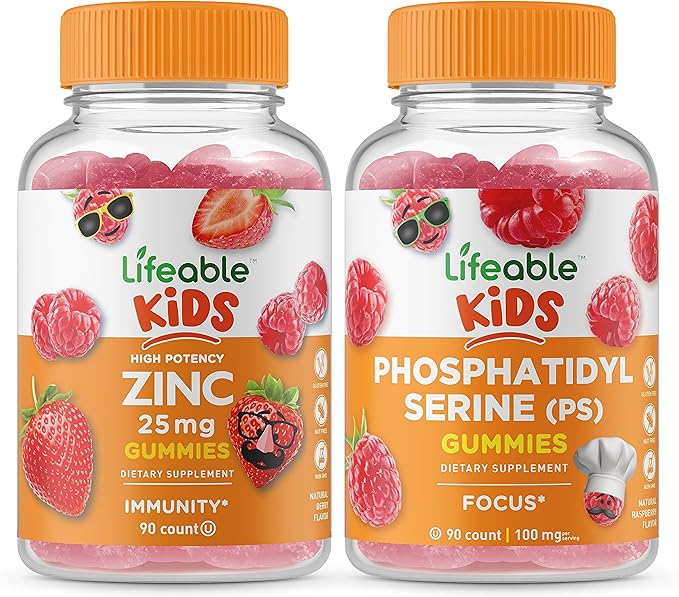Lifeable Zinc 25mg Kids + Phosphatidylserine (PS) Kids, Gummies Bundle - Great Tasting, Vitamin Supplement, Gluten Free, GMO Free, Chewable Gummy