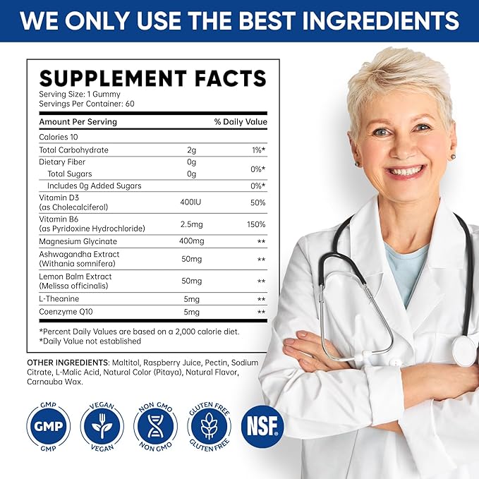 Venture Pal 60 Day Supply Magnesium Glycinate Gummies with Ashwagandha for Adults and Kids, L-Theanine, CoQ10, Sugar Free Magnesium Supplement 400mg for Calm Mood & Sleep, Gluten-Free & Vegan
