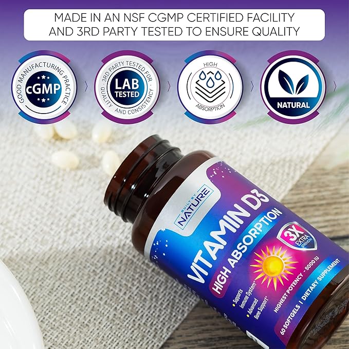 Vitamin D3 High Potency 5000 IU (125 mcg), Bone, Teeth, Muscle & Immune Health Support, Non-GMO, Gluten-Free, 2 Month Supply in Rapid-Release High Absorption Vitamin D, Easy to Swallow, 60 Softgels