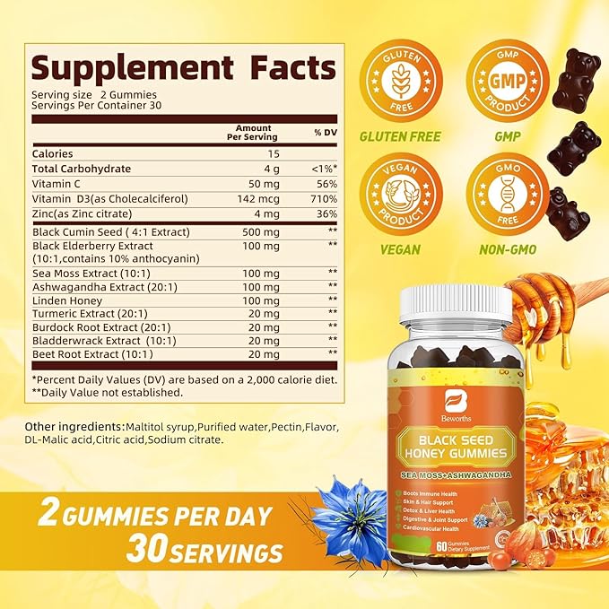 Black Seed Oil Sea Moss Gummies with Ashwagandha, Burdock Root, Linden Honey, Elderberry, Turmeric, Vitamin C, D3 & Zinc - Supports Immunity, Joints, Digestion, Hair & Skin, Vegan Gummies 60 Counts
