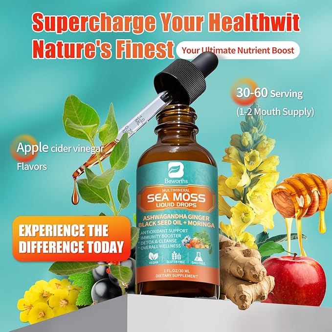 2PACK Sea Moss Drops - Irish Sea Moss Chlorophyll Liquid with Black Seed Oil, Ashwagandha, Moringa, Turmeric, Elderberry, Mullein, Seamoss Gel Supplement for Lung Cleaner, Detox & Gut, Immune Support